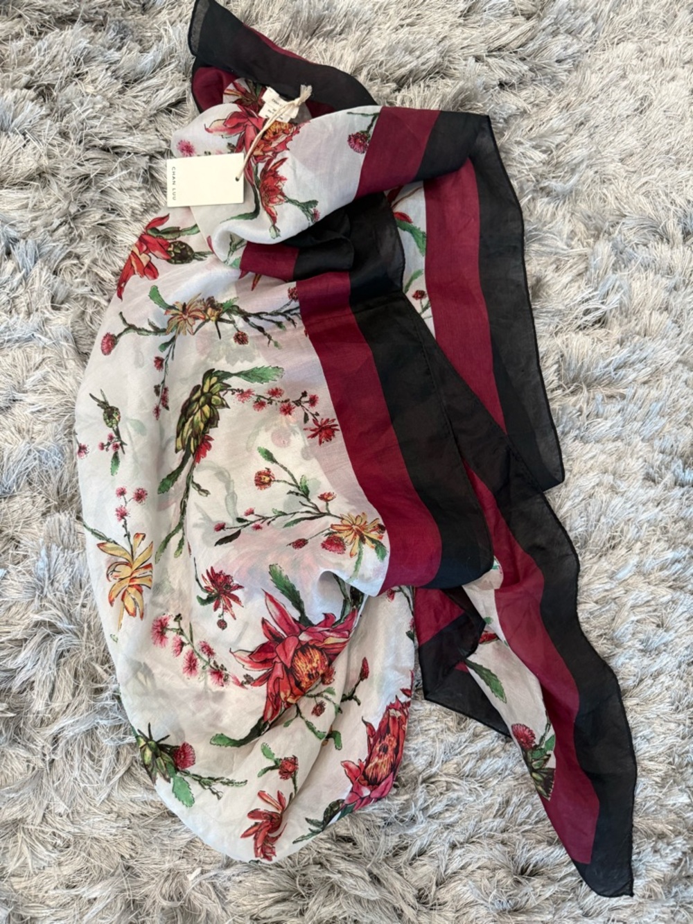 Chan Luu Floral Border Scarf in White, Red, Black and Green